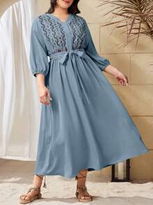 Mulvari Plus Size Bohemian Style V-Neck Belted Dress For Summer - Blue - View 1