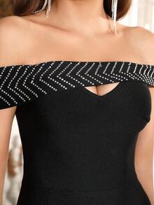 Modphy Black Rhinestone Off Shoulder Sexy High-Slit Bandage Dress Formal Ball Gown For Women, Perfect For Wedding & Evening Party