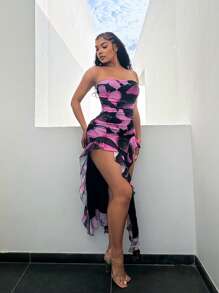 SHEIN SXY Frauen Große Größen Kleid mit Schmetterling Muster, trägerloses asymmetrisches Saum Urlaubsoutfit für Damen