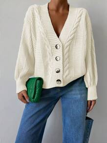 EURMUSE Solid Drop Shoulder Cable Knit Cardigan - Beige - View 5
