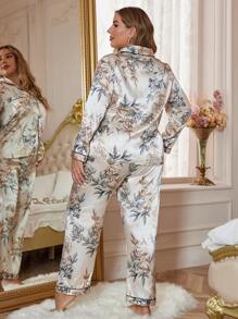 Plus Size Women Floral Print Long Sleeve Button-Up Top And Pants Pajama Set - Multicolor - View 3