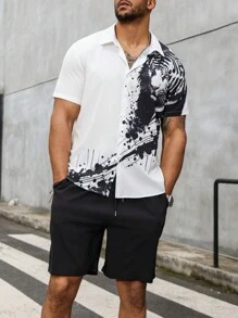 Manfinity LEGND Men's Plus Size Front Button Animal Printed Short Sleeve Shirt And Solid Color Shorts, Summer Casual 2pcs/Set