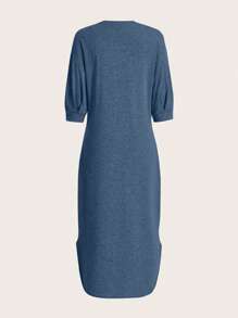 SHEIN LUNE Women's Simple Printed Round Neck Dress Maxi Women Outfit - Navy Blue - View 2