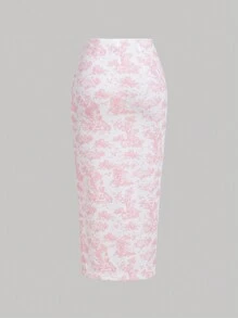 SHEIN MOD 女士复古宫廷蓝白花卉印花鱼骨条短款上衣和裙子婚礼两件套 - 粉色 - 查看 4