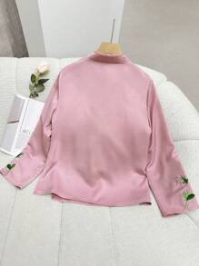 Modelyn Elegant Flower Embroidery Stand Collar Long Sleeve Hanfu Top For Spring, Vintage Classic Tang Suit Hanfu Top - Pink - View 2