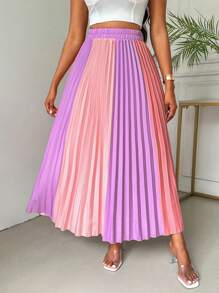 VaVaBold Falda larga y elegante con cintura elástica, pliegues y bloques de color para mujeres