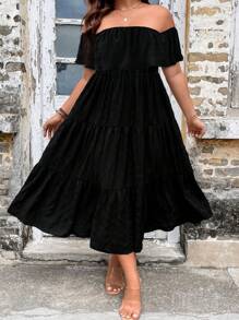 SHEIN LUNE Đầm trễ vai Ruffle Hem màu trơn dành cho nữ cỡ lớn - màu đen - Xem 3