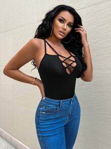 SHEIN SXY Thời Trang Nữ Gợi Cảm Đường Phố Màu Trơn Slim Fit Ngực Rỗng Đeo Chéo Dây Đeo Vai Hở Lưng Mùa Hè Yếm Top - màu đen - Xem 4