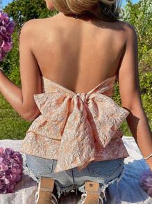 Chiquease Women's Floral Textured Ruffles Bandeau Top With Bowknot And Tie Back - Dusty Pink - View 2