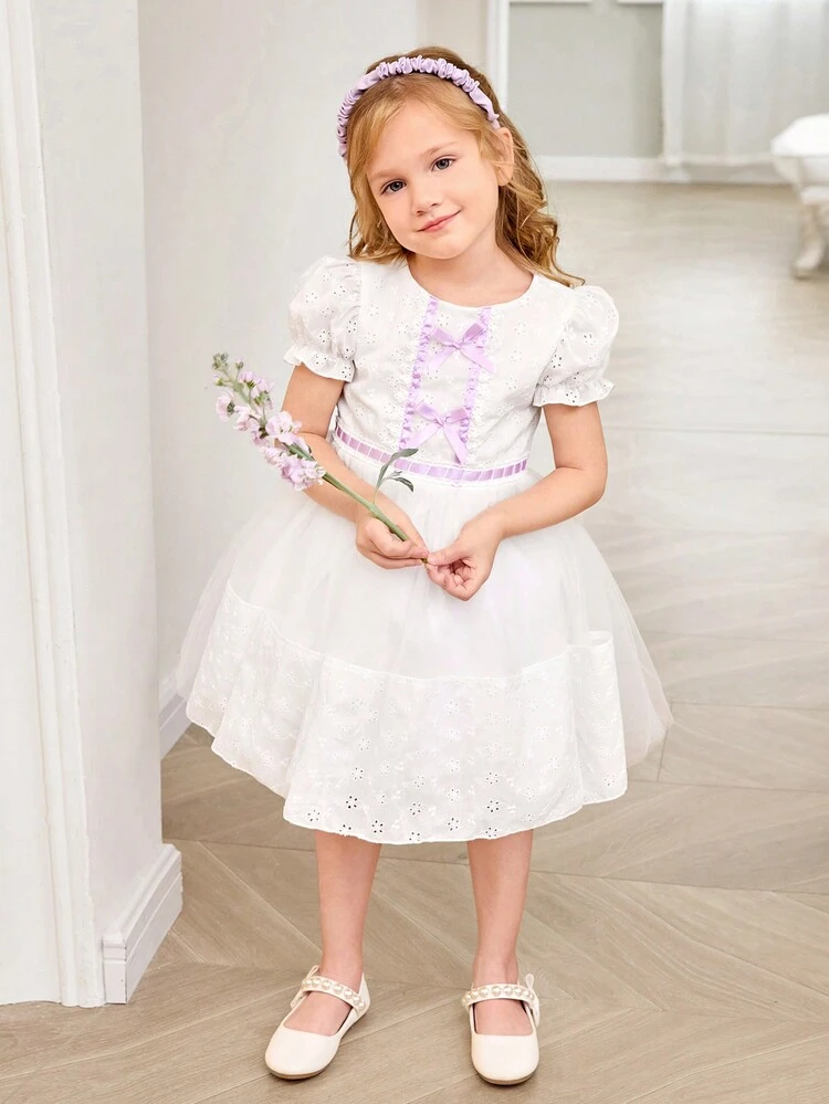 Young Girl Lovely Elegant White Puff Sleeve Mid-Length Short-Sleeved Dress