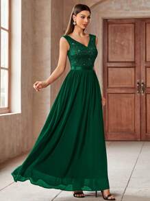 MIUSOL Elegant Dark Green V-Neck Sleeveless Sequin Insert Floral Lace Chiffon Maxi A-Line Dress, Pleated Flowy Formal Gown For Evening Party, Wedding Guest, Prom - 墨綠色 - 查看 6