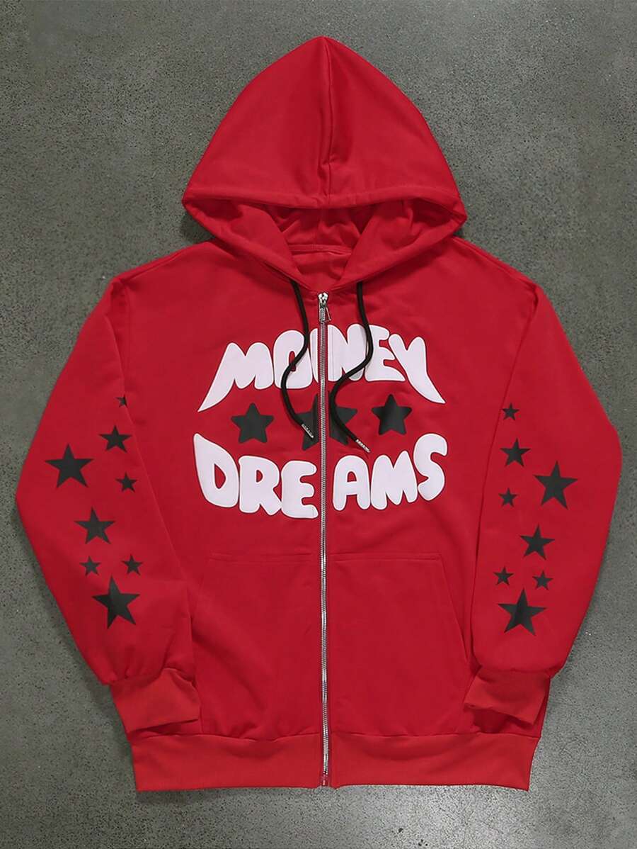 Manfinity Roghcode Letter Printed Hooded Zipper Sweatshirt With Drawstring Long Sleeves - Red - View 1
