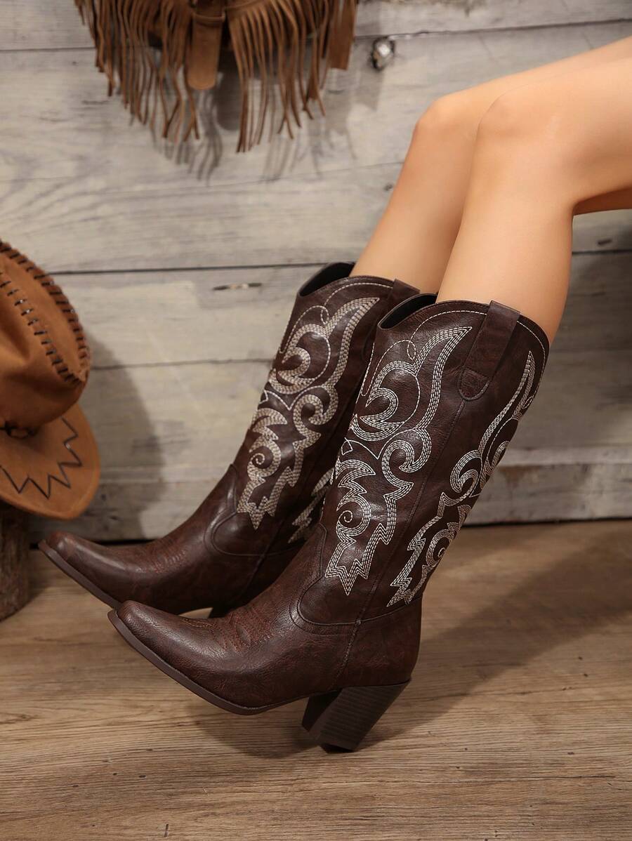 2024 秋冬新款女式西部牛仔刺绣靴、中筒靴、切尔西靴和及膝靴 - 咖啡棕 - 查看 1