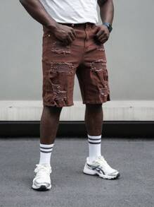 Manfinity Roghcode Quần short denim rách cỡ lớn dành cho nam có túi, dài đến đầu gối - màu nâu - Xem 4