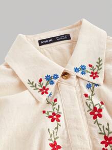 SHEIN MOD Chemise femme ajustée à manches courtes style rétro avec broderie florale, graphique mignon, Top casual d'été pour femmes