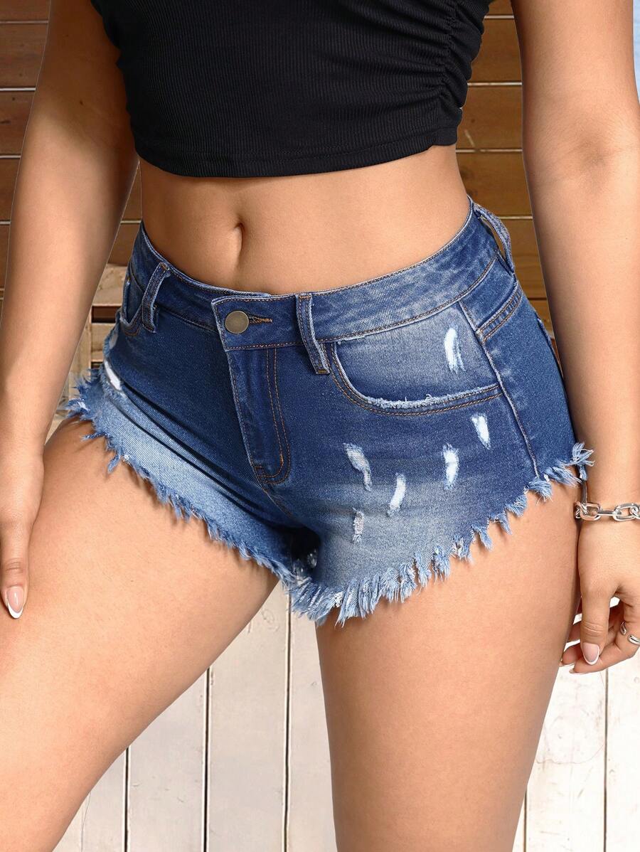 Women's Fashionable Crop Length Hot Girl Style Frayed Ripped Denim Shorts - Dark Wash - View 1