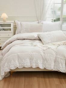 3pcs Beige Synthetic Polyester Bottom Surface With A Mesh Duvet Cover Kit - Beige - View 1
