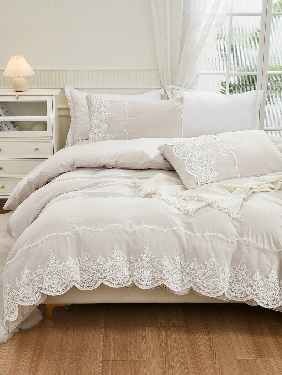 3pcs Beige Synthetic Polyester Bottom Surface With A Mesh Duvet Cover Kit - Beige - View 1