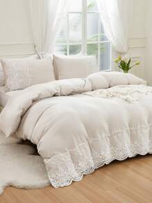 3pcs Beige Synthetic Polyester Bottom Surface With A Mesh Duvet Cover Kit - Beige - View 7
