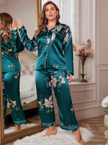 LuxeNights Große Größen Schlafanzug Set mit Blume Muster und Kontrastpaspeln aus Satin, Urlaubskollektion