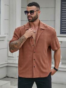 Manfinity Homme Fashionable Plus Size Men Short Sleeve Shirt With 3D Texture - Brown - View 3