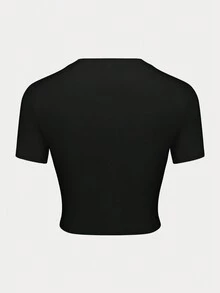 SHEIN EZwear Áo thun crop top tay ngắn phong cách Y2K cho bé, in hình cờ Mỹ, thích hợp cho mùa hè - màu đen - Xem 2