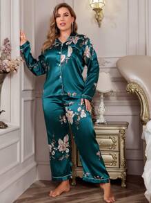 LuxeNights Große Größen Schlafanzug Set mit Blume Muster und Kontrastpaspeln aus Satin, Urlaubskollektion