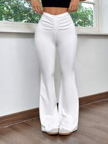 SHEIN EZwear Pantalones blancos acampanados y ajustados para mujer con pliegues en la cintura en forma de V - Blanco - Ver 1