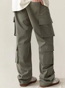 Manfinity VCAY Solid Color Woven Casual Pants With Pockets Cargo In My Era Olive Green Going Out Boyfriend Gift