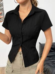 StreetHx 女士純色肋紋修身短袖鈕扣前衣，適用於夏季 - 黑色 - 查看 3