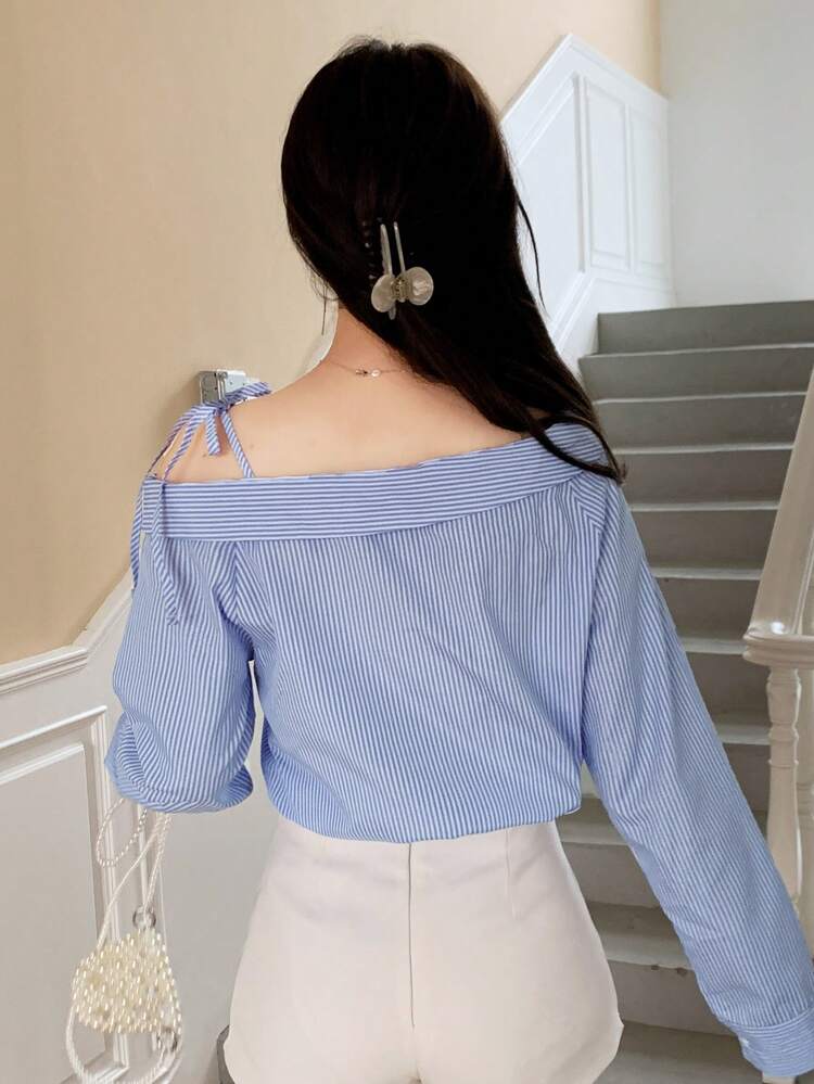 Striped Long Sleeve Open Shoulder Women's Shirt Summer