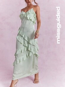 MISSGUIDED Boho Elegant Irish-Themed Satin Maxi Dress With Cascading Ruffles And Chain Straps Perfect , St. Patrick'S Day Celebration Evening Party Occasion - Green - View 4