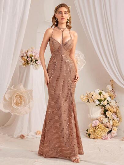 Elegantes rückenfreies Paillettenkleid für Damen, sexy Abendkleid
