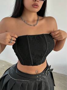 Flirla Plus Size Summer Fishbone Lace Tight-Fitting Cropped Strapless Top - Black - View 3