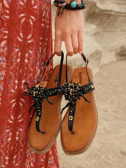 Styleloop Sandales à brides en T et brides postales décorées pour femmes, champagne de vacances, sandales de tong à brides extérieures, sensations boho