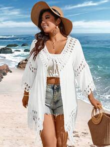 Sunnyshic Plus Size Women Fashion Solid Color Hollow Out Tassel Kimono Robe Summer - White - View 3