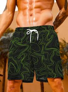 Manfinity Men's Line Printed Drawstring Casual Beach Shorts, Perfect For Holiday Outfit