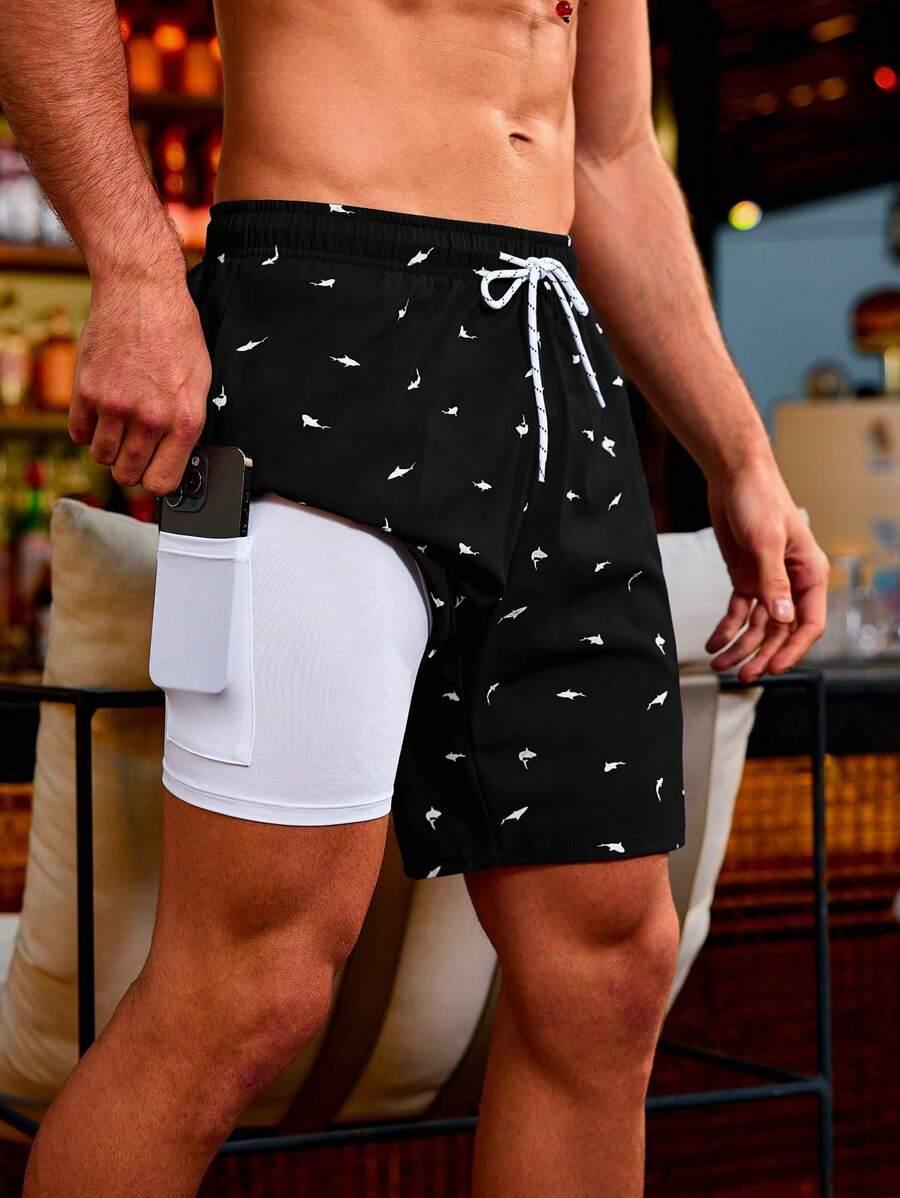 CoralVoy Men's Beach Shorts Drawstring Waist Front Tie Pocket Shark Allover Print Resort Casual Hawaiian - Black - View 1