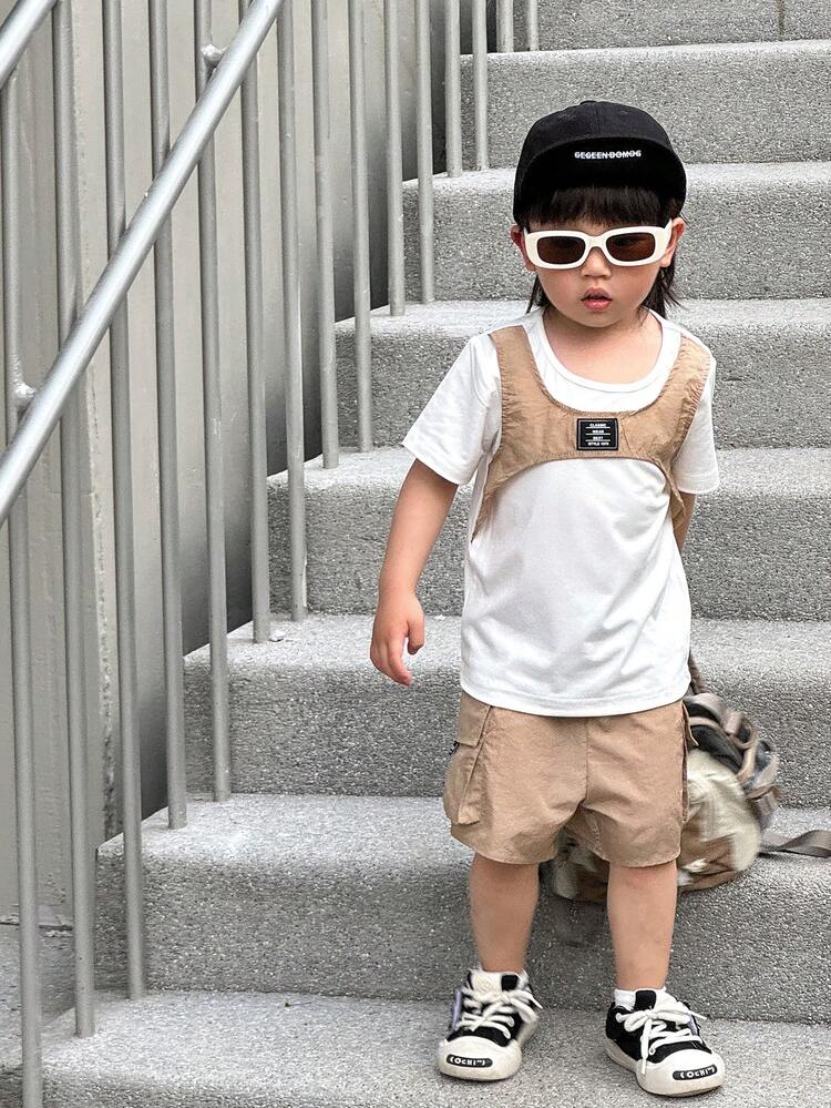 Baby Boys Summer Fashionable Casual Streetwear Double-Layered 2 In 1 Outfits With T-Shirt And Utility Shorts