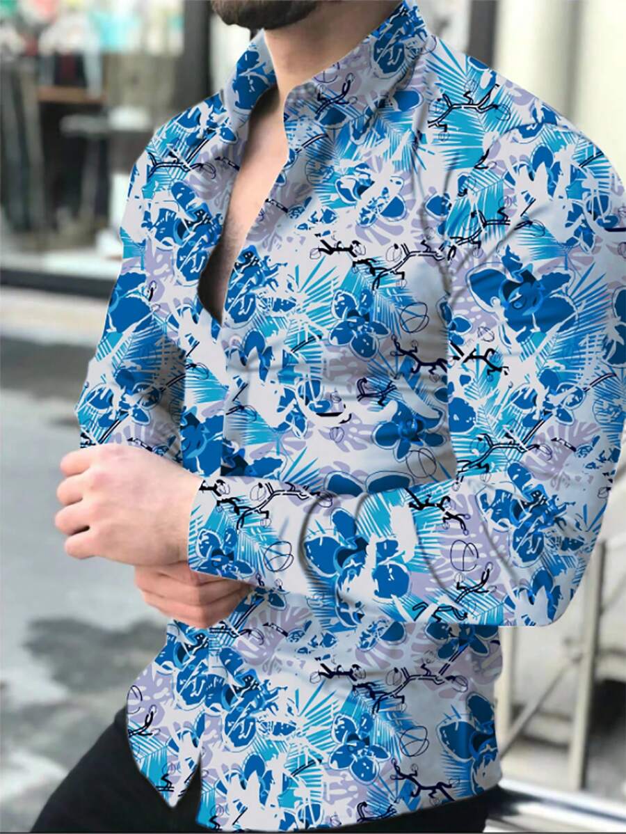 Manfinity LEGND 男士春夏花卉印花休闲长袖衬衫，适合假期穿着，浅蓝色花卉衬衫，秋季 - 彩色 - 查看 1