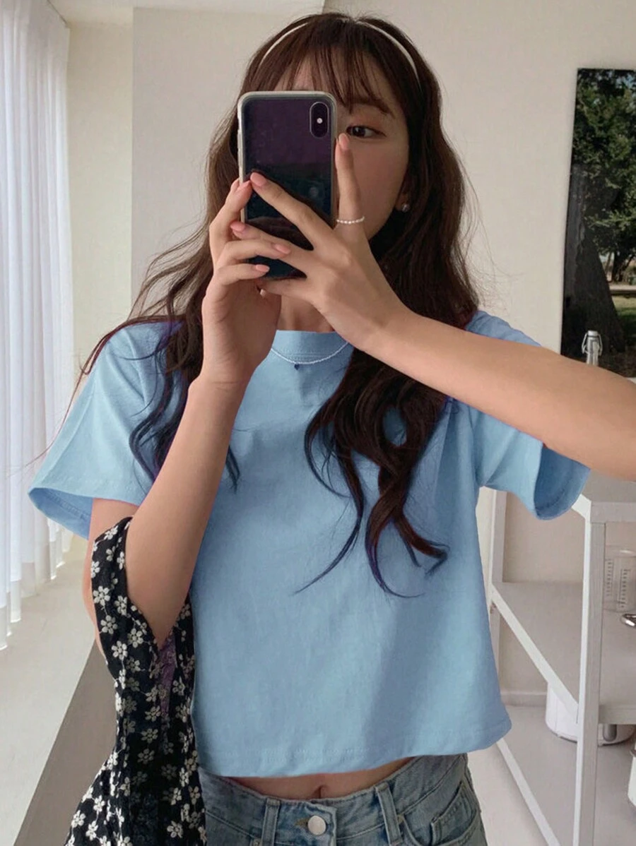 DAZY 女士夏季純色圓領短袖休閒T恤 - 藍色 - 查看 1