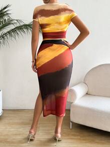 Chiquease Mesh See-Through Bodycon Dress With Off-Shoulder And Flounced Sleeves, Ruched And Side Slits - Multicolor - View 2