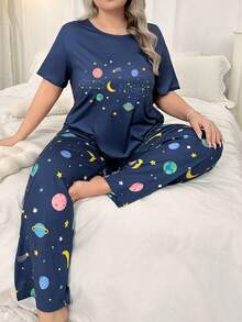 Conjunto de pijama de talla grande para mujer con estampado de planetas de dibujos animados - Azul - Ver 5