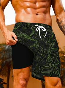 Manfinity Men's Line Printed Drawstring Casual Beach Shorts, Perfect For Holiday Outfit