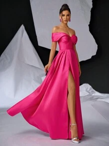 Glamrae Elegant Luxurious Satin Off Shoulder Bow Collar, Small V-Neck Waist Pintuck Thigh-High Slit Back Tie Formal Gown For Party, Wedding, Graduation - Hot Pink - View 5