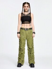 ROMWE Avant بنطلون جينز بقصة مستقيمة وجيوب بتصميم الرفعات وتفاصيل الحافة المتقشرة للمرأة الأنيقة