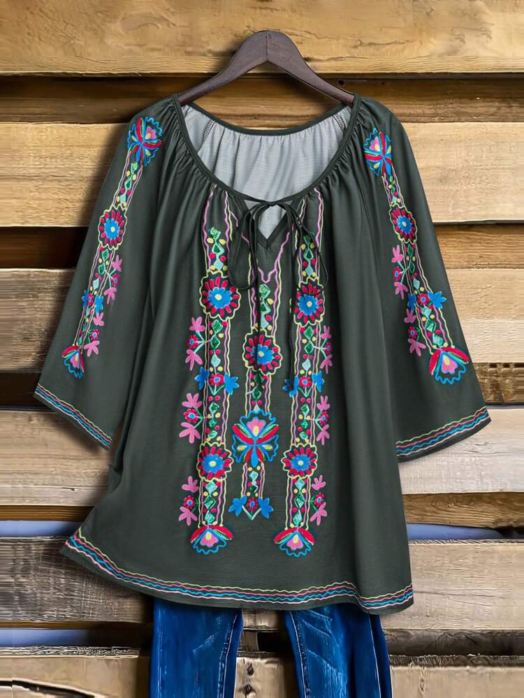Women's Printed Collar Tie-Waist Vacation Shirt