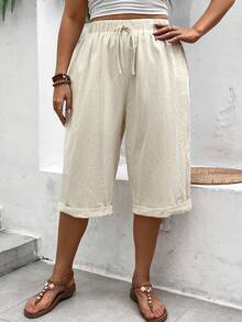 SHEIN LUNE Pantalones Capri de talla grande de unicolor, estilo de vacaciones, tejidos - Beis - Ver 3