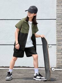 SHEIN Tween Boy Casual Raglan Sleeve Polo Shirt & Solid Color Pocket Shorts Outfit - Multicolor - View 6