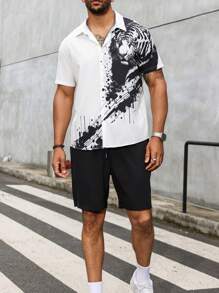 Manfinity LEGND Men's Plus Size Front Button Animal Printed Short Sleeve Shirt And Solid Color Shorts, Summer Casual 2pcs/Set
